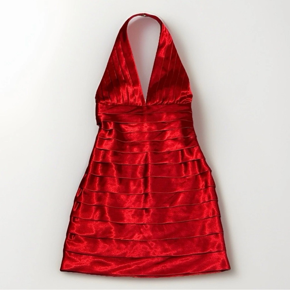 Morgan & Co. Prom Dress Small 1/2 Red Satin V-Neck Halter Top Gown Mini Dress